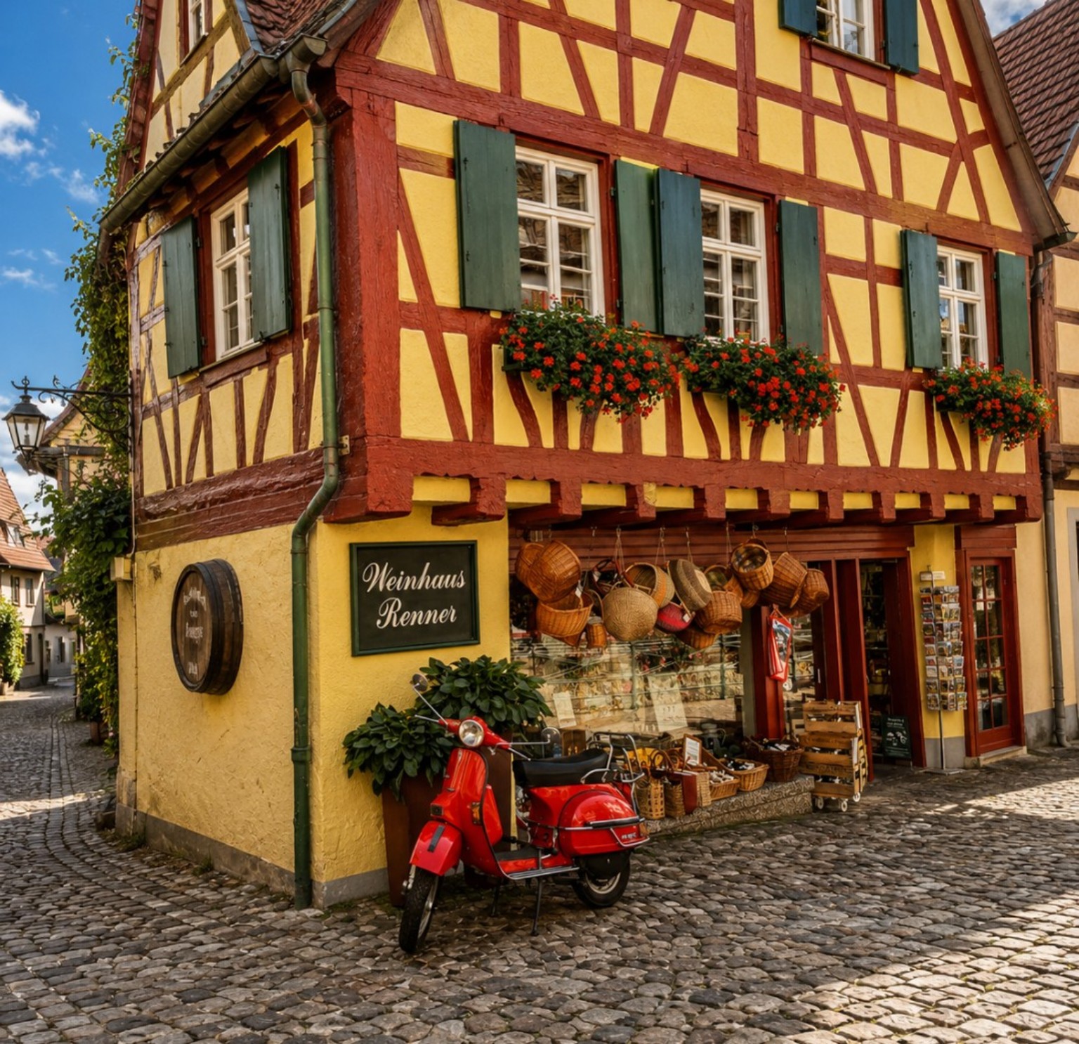 Traditional half-timbered building with a red scooter
