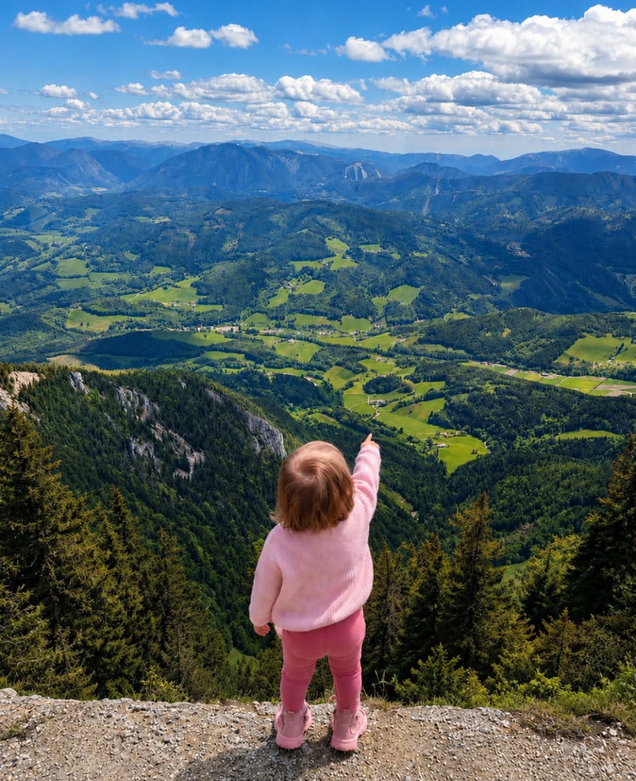 Child pointing across a mountain valley
