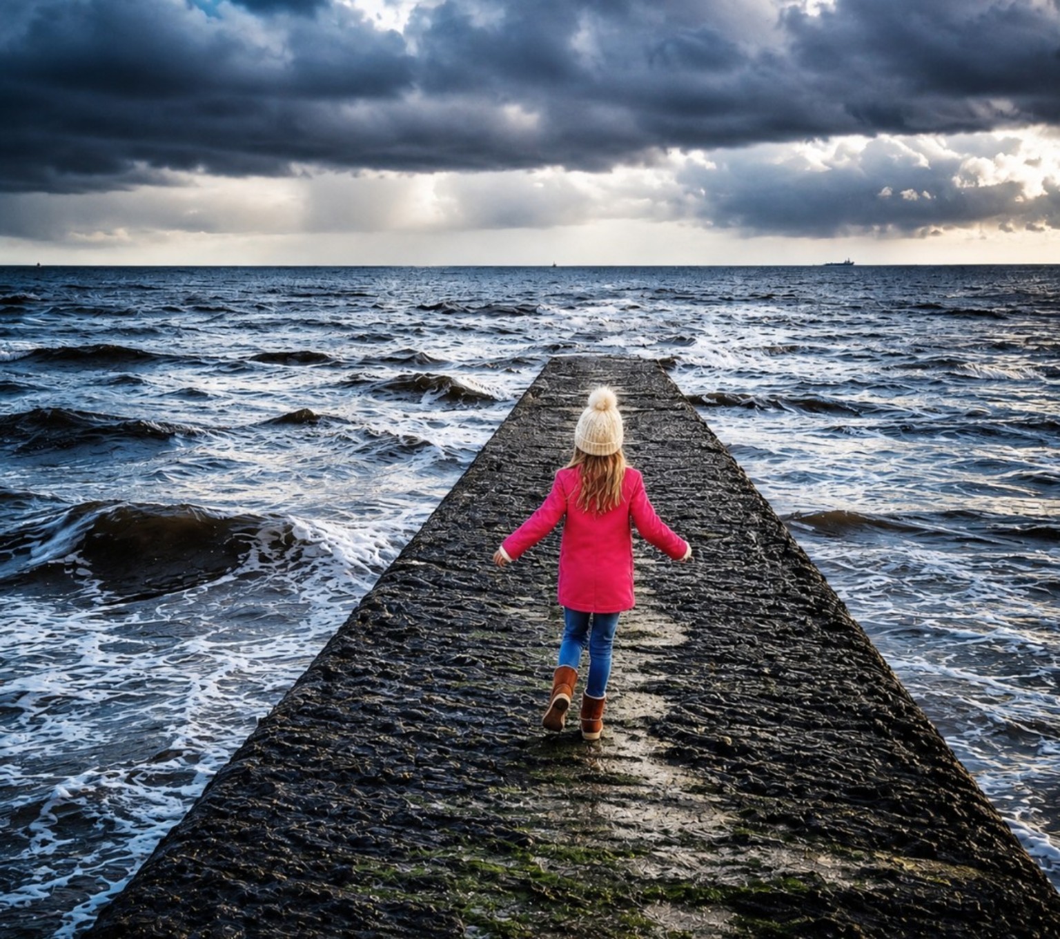 Child walking along a sea pier beneath dramatic clouds