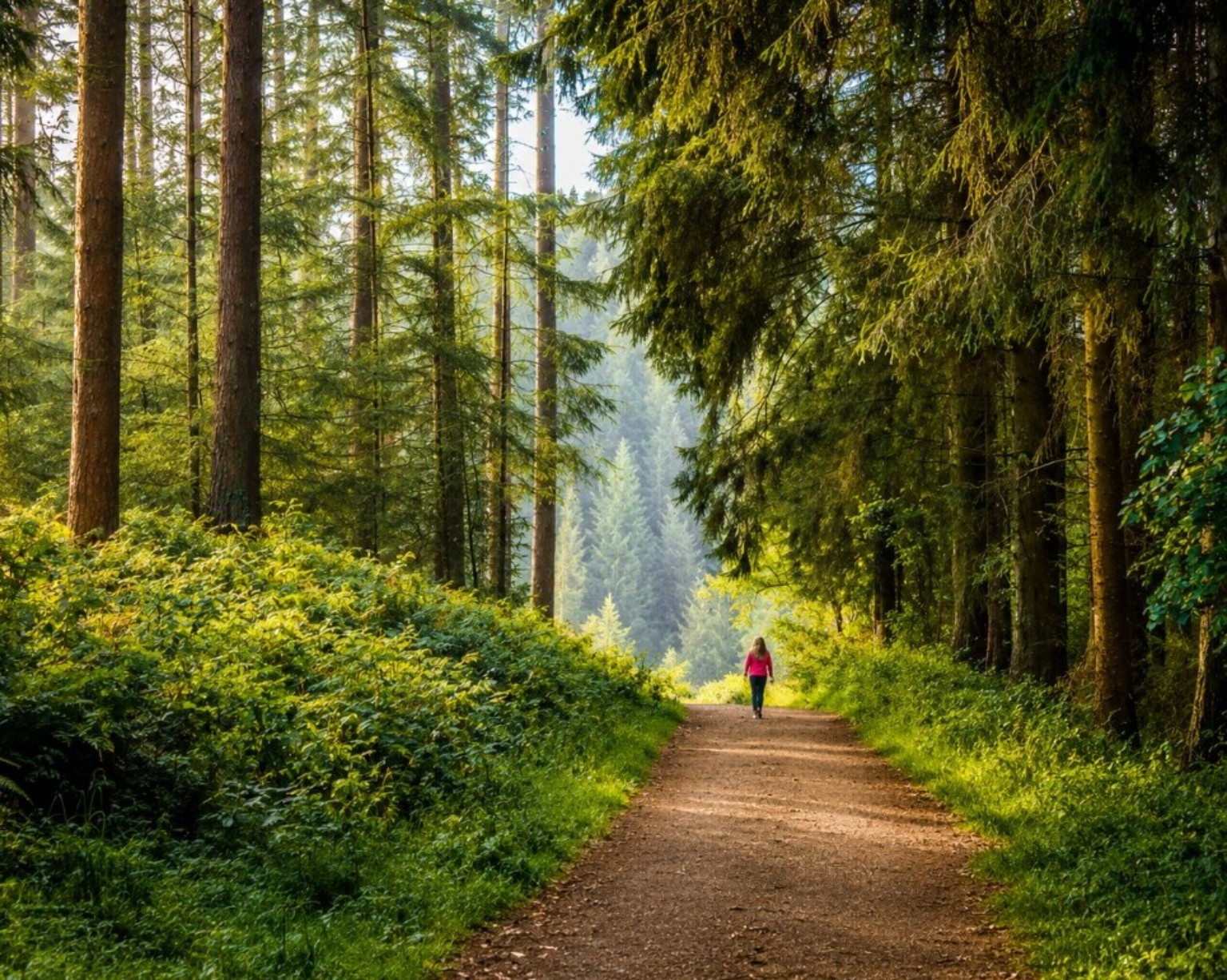 Figure walking along a sunlit forest path
