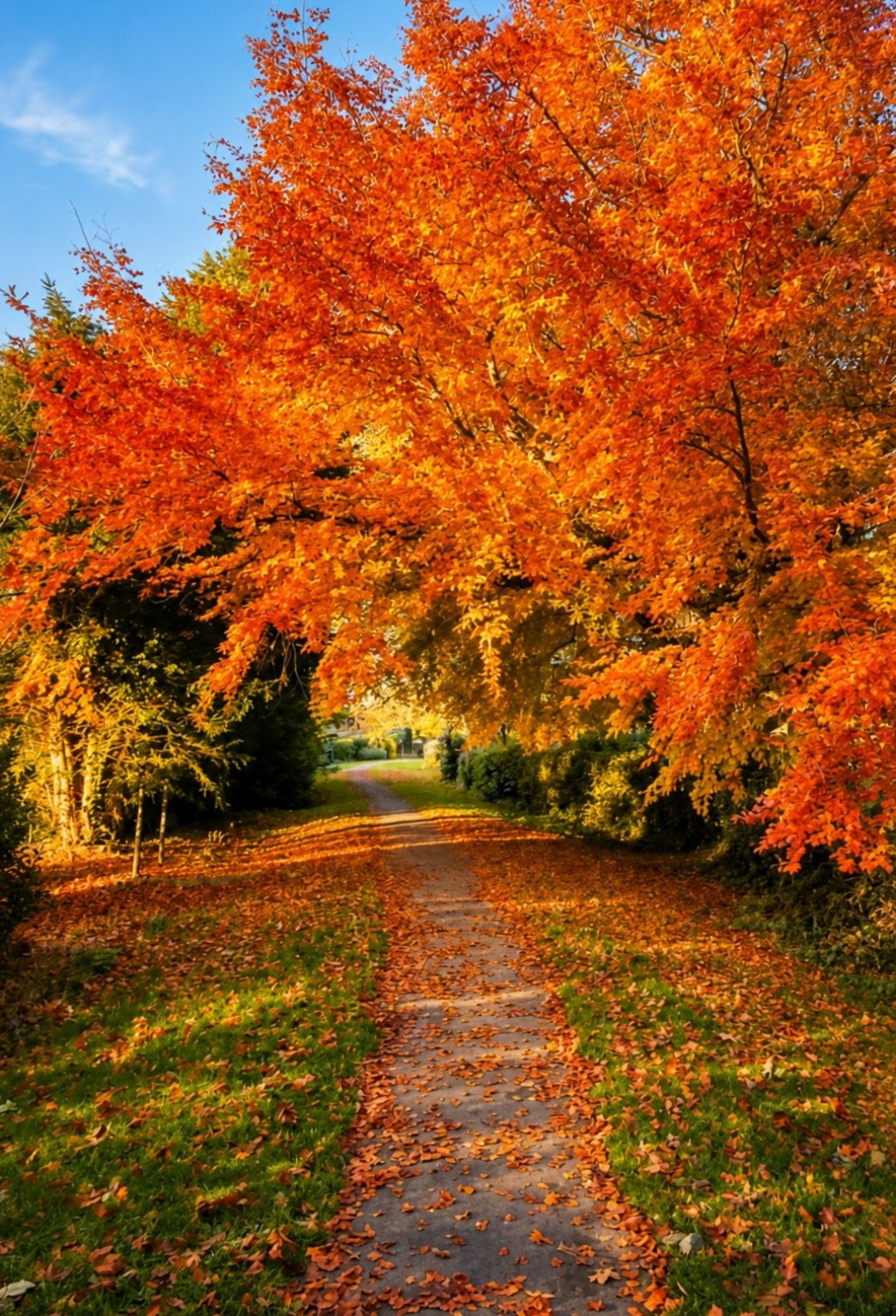 Path beneath vivid autumn trees