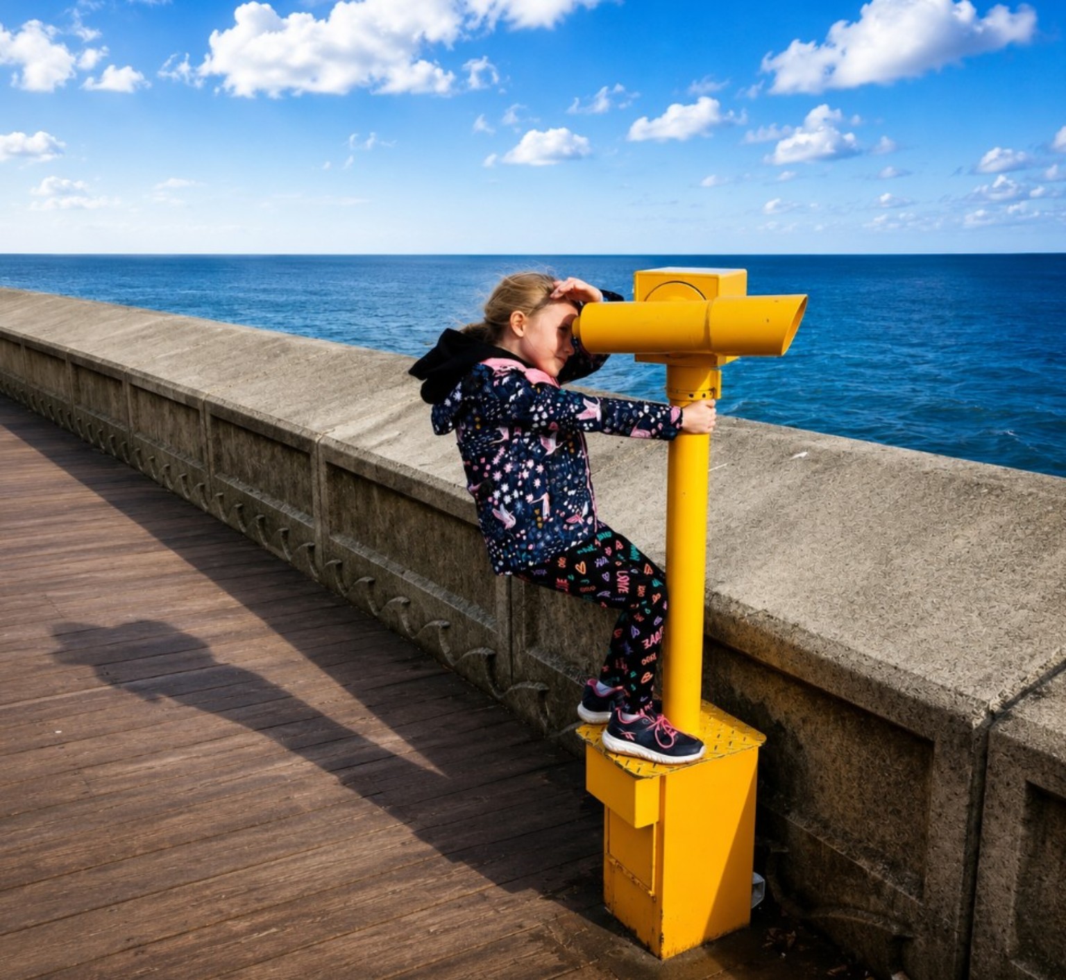 Child looking through a yellow seaside telescope