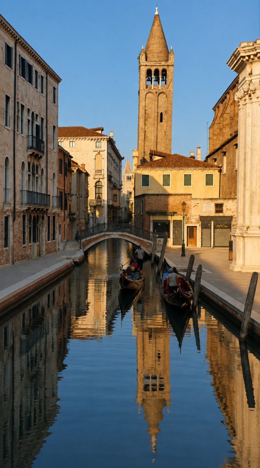 Venice canal with a bell tower reflected in the water